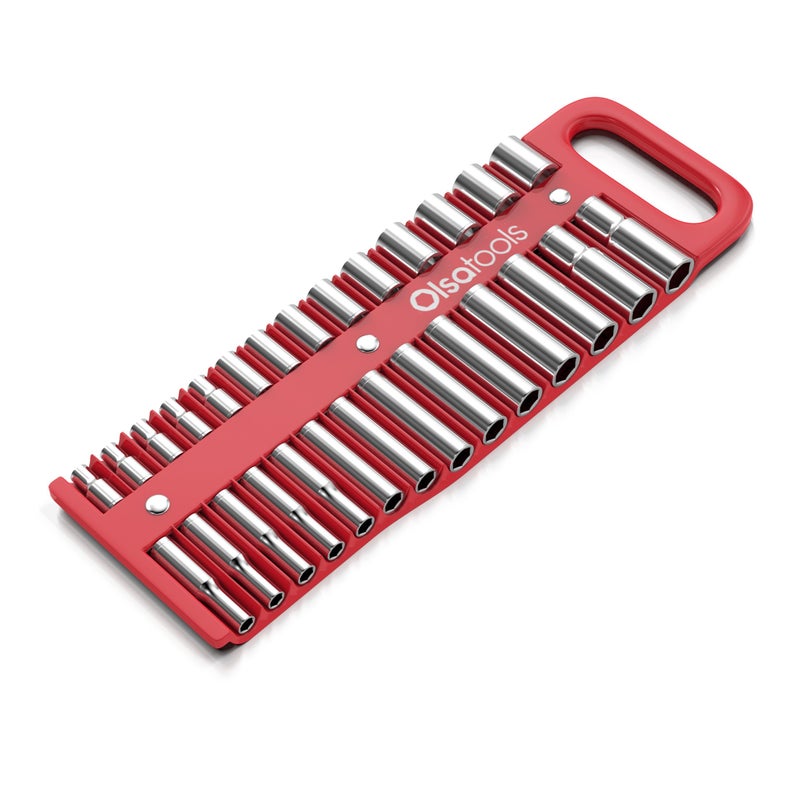 Olsa Tools Magnetic Portable Socket Organizer Tray - 3/8-Inch Drive - Red Holder for Deep & Shallow Sockets - Fits up to 1" SAE or 24mm Metric - Quality Tool Organizer for Professionals - Part 1076 - Image 1